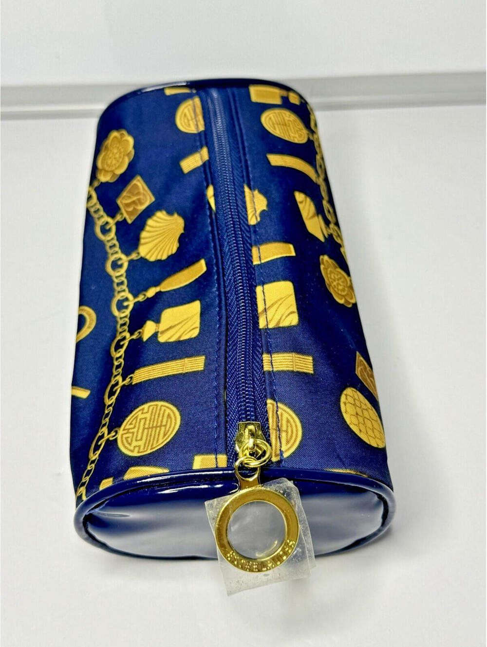Vintage Estee Lauder Cosmetic Bag Navy Gold Chain Makeup Travel Zipper Pouch New